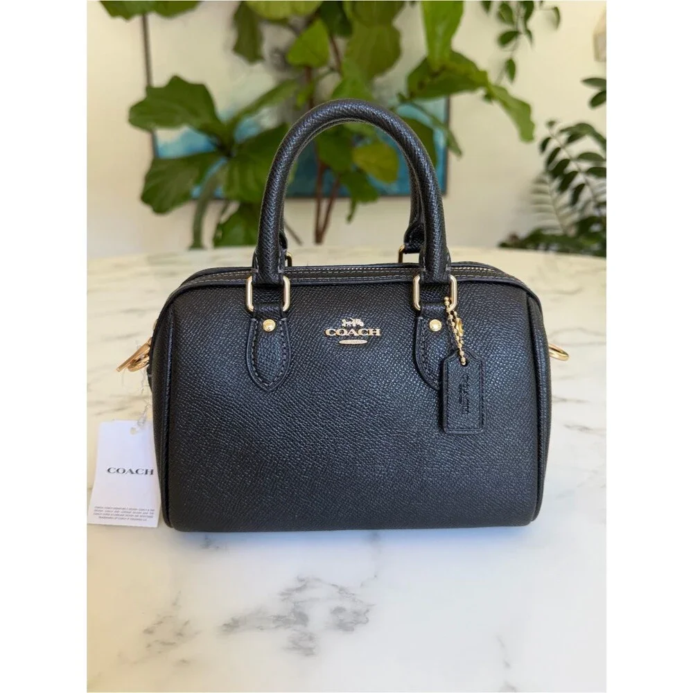 NWT Coach Mini Rowan Crossbody CH157 Black Crossgrain Leather / Gold Satchel